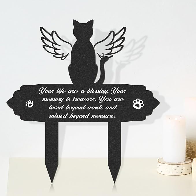 Cat Memorial Decorations - Garden Stakes Markers with Angel Wings, Waterproof Metal Plaques for Cemetery, Cat Grave Decor