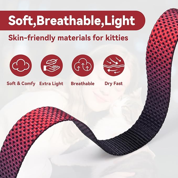 Cat Harness and Leash Set, 3-in-1 Escape Proof Adjustable, Comfortable Soft Lightweight, Safe, Easy to Wear, Walking Travel Kitten Harness for Small Medium Large Cats （Red