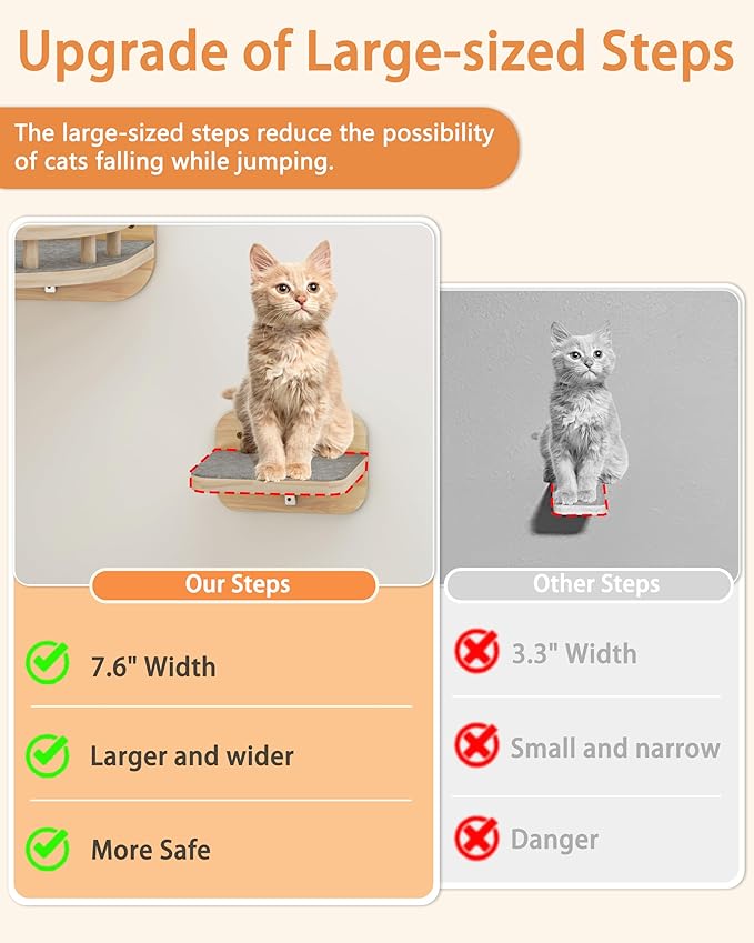 Megidok Cat Wall Furniture Corner Climbing Shelf Perches, Cat Bed Wall Mounted with 3 Wide Steps,Modern Floating Stairs for Wall Indoor Cats up to 22 Lbs for Cats - Wood Color