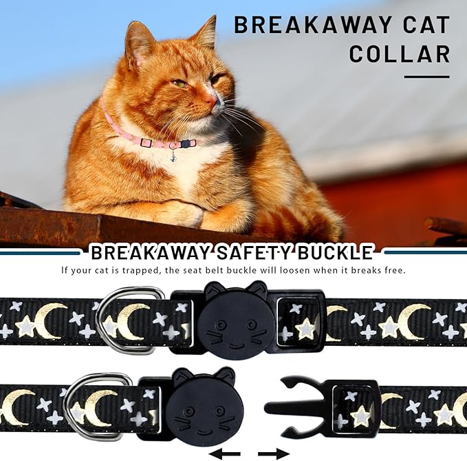 8 PCS Cat Collars with Bell Moons Stars, Reflections Cat Collar with Bells, Breakaway Cute Kitty Collar for Cats, Pet Gifts, Accessories (8 Colors)