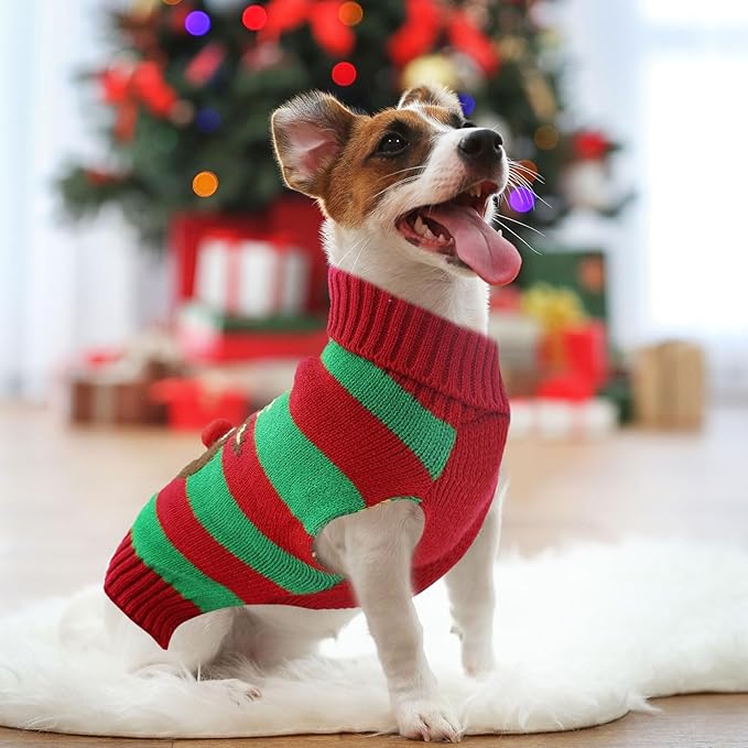 Dog Cat Christmas Sweater Boy Girl Ugly Reindeer Xmas Pet Clothes Holiday Puppy Costume New Year Gifts for Small Medium Large Dogs Outfits (XS, Red Green Stripe Reindeer)