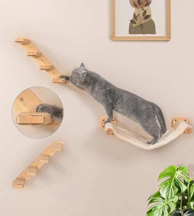 Cat Wall Hammock Set of 3, Wall Shelves with 1 Floating Fabric Hammock, 2 Cat Ladders with 4 Steps Each, Wall Mounted Bed Furniture & Climber for Large Cats