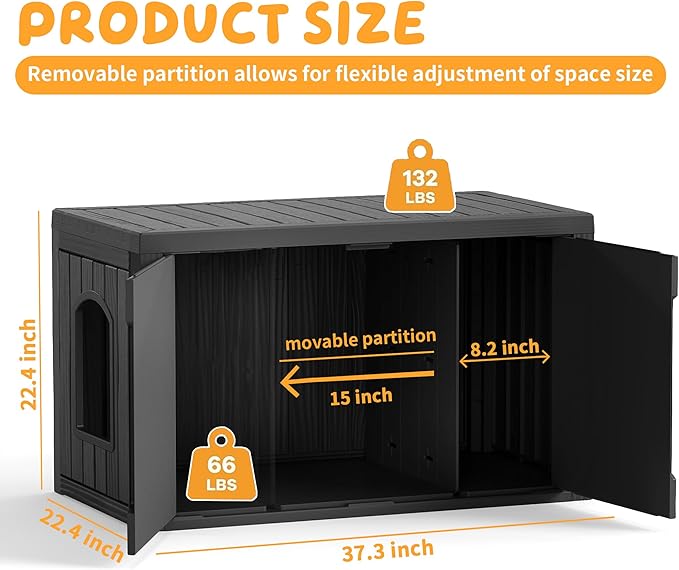 Cat Litter Box Enclosure,Multi-Functional Hidden Litter Box Furniture Cabinet with Adjustable Partition & Side End Table, Indoor Outdoor Cat House with Double Doors,Easy to Clean & Assemble, Black
