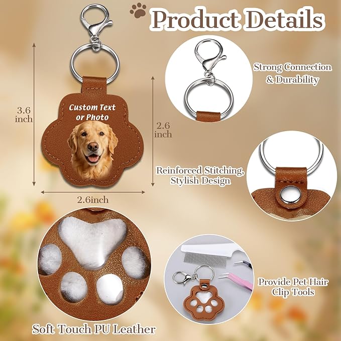 Eunigem Personalized Pet Memorial Gifts for Dogs Cats-Custom Dog Hair Keychain Paw Keychains for Dog Fur-Shaped Leather Keychain,Remembrance Accessory Pet Hair Keepsake for Bag or Key (Color-12)