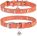 Leather Cat Collars for Boy Girl Cats with Bell and Safety Elastic Belt, Personalized Star and Moon Stud Adjustable Safe Buckle Collar for Kitty Small Big Cats Size 7-9 Inch, Orange