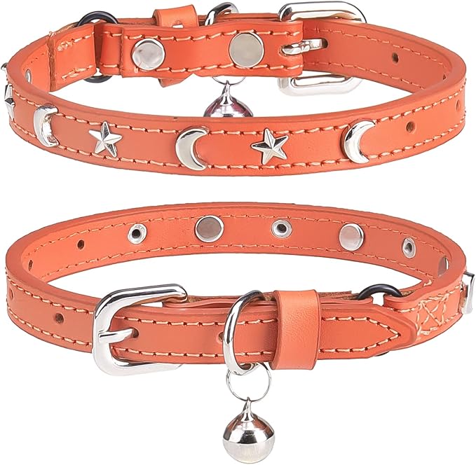 Leather Cat Collars for Boy Girl Cats with Bell and Safety Elastic Belt, Personalized Star and Moon Stud Adjustable Safe Buckle Collar for Kitty Small Big Cats Size 7-9 Inch, Orange