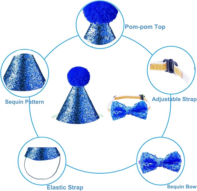 Christmas Pet Party Jazz Hat and Blingbling Bow Tie Breakaway Collar Set, Adjustable Headband for Kitten Puppy Small Dogs Cats (Royal Blue+Number)