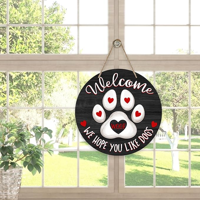 Deroro Welcome We Hope You Like Dogs Front Door Sign, Dog Cat Paw Print Black Farm Wood Door Hanger Outdoor Porch Decor, Woof Farmhouse Wooden Wreath Indoor Wall Hanging Decoration Dog Lover Gifts