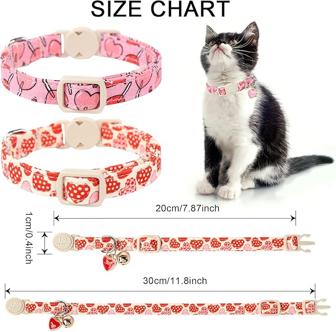 Cat Collar, 2Pack Valentine's Day Cat Collars-Cute Breakaway Cat Collar with Bell & Pendant, Sweet Heart Kitten Collars Pink Hearts with Safety Buckle for Girl and Boy Cats, 7-12Inch