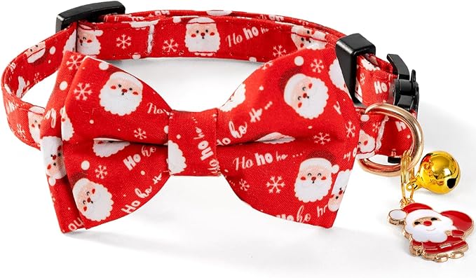 Christmas Cat Collar with Cute Bow Tie Bell 2Pack Red Green Santa Claus Breakaway Collar for Male Female Soft Christmas Kitty Kitten Cute Cat Collars Ideal for Girl Cats Boy Male Cats
