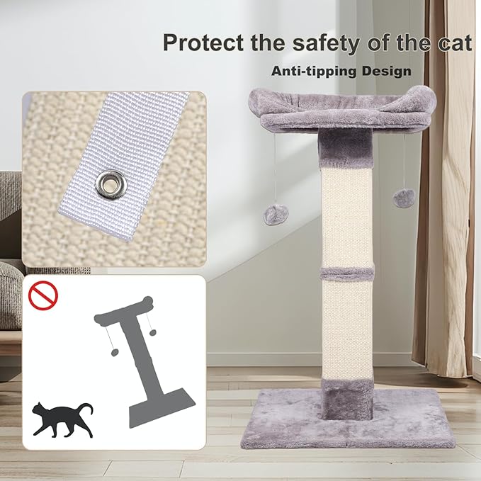 34" Tall Cat Scratching Post with Bed, Sisal Scratch Posts Trees with Plush Perch and Hanging Ball for Indoor Cats, Removable Cover, Large Scratch Post and Base, Rugged and Durable, Light Grey