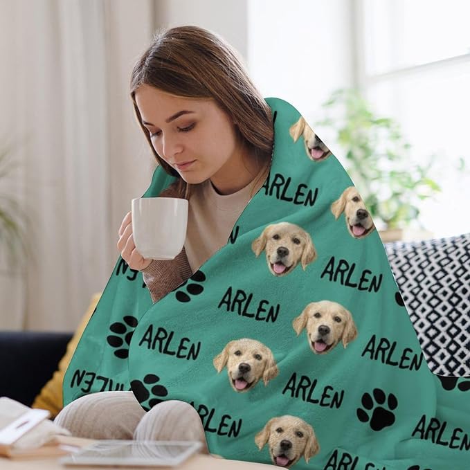 Personalized Paw Print Dog Blanket with Pet Name Face-Custom Puppy Blankets with Picture for Dogs-Customized Dog Memorial Throw Fleece Blanket-Loss of Pets Supplies Sympathy Gift for Bed Sofa Travel
