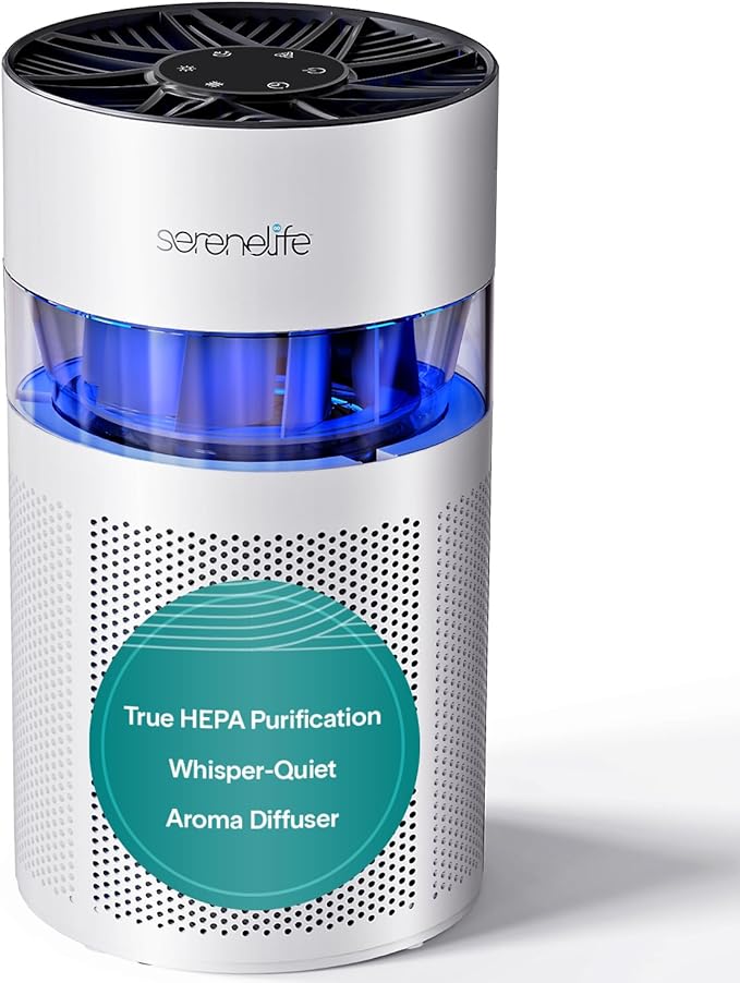 SereneLife Portable Air Purifier - Small Air Purifier with Aroma Box & Ambient Light, High Filtration Efficiency, 2-Speed, Timer & Sleep Mode, Filter Change Reminder, 6 x 6 x 12 in. (White)