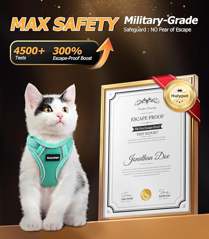 Halypet Cat Harness and Leash Set [MAX Safety 4th-Gen Upgrade] Escape Proof Adjustable Cat Leash Comfortable Soft Vest Easy to Wear Kitten Harness with Reflective Strip for Cats Walking, XS Green