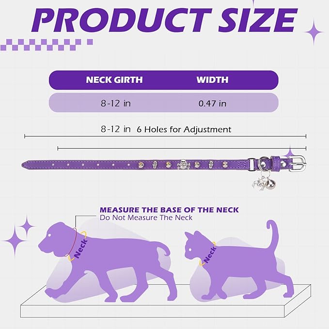 EXPAWLORER Leather Cat Collar for Girl Boy- Adjustable Pet Collar with Safety Elastic Belt,Personalized Punk Accessories Buckle Collars with Bell & Durable D-Ring,Rivet(Purple)