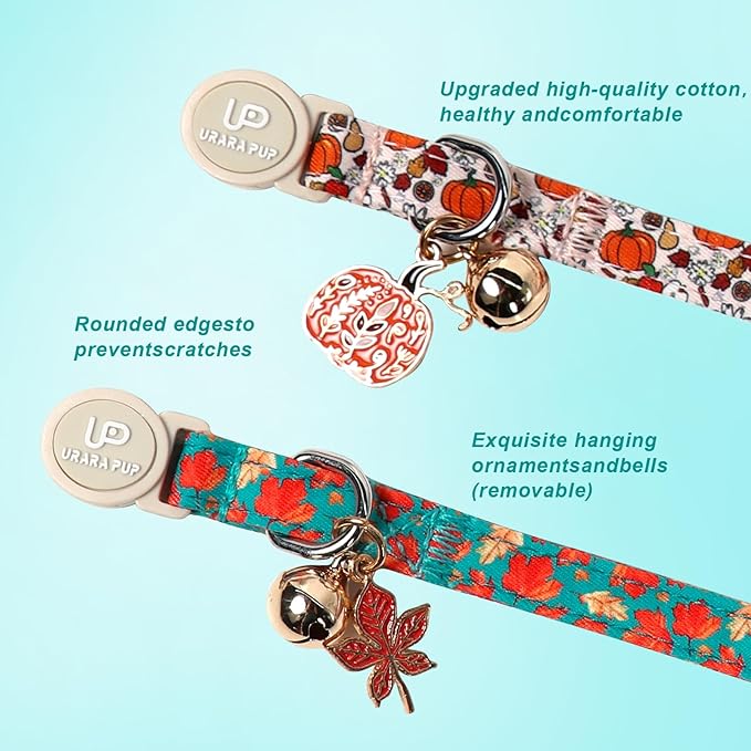 Fall Cat Collar-2Pack Autumn Kitten Collars-Halloween Breakaway Pumpkin Kitty Collars-Cute Pumpkin and Maple Leaf Pendants,Maple Leaf Cat Collar with Bell, for Girl & Boy Cats
