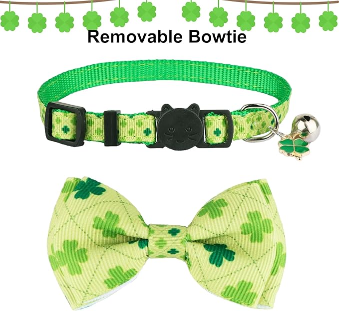 ADOGGYGO St. Patrick's Day Cat Collars with Bow Bell, Breakaway Cat Bowtie Collar Green Shamrock Pattern Saint Patrick Collars for Girl Boy Cats Kittens (St. Patrick's Day)