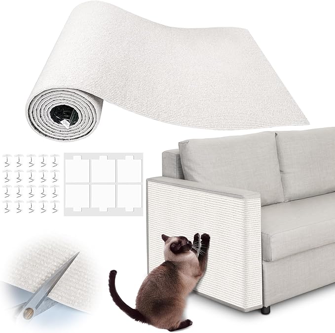 Cat Scratch Furniture Protector - 138" x 17" Trimmable Self-Adhesive Cats Claws Scratch Pads, DIY Cat Climbing Couch Protector for Scratch Post Cat Tree Replacement Indoor (Cream White)