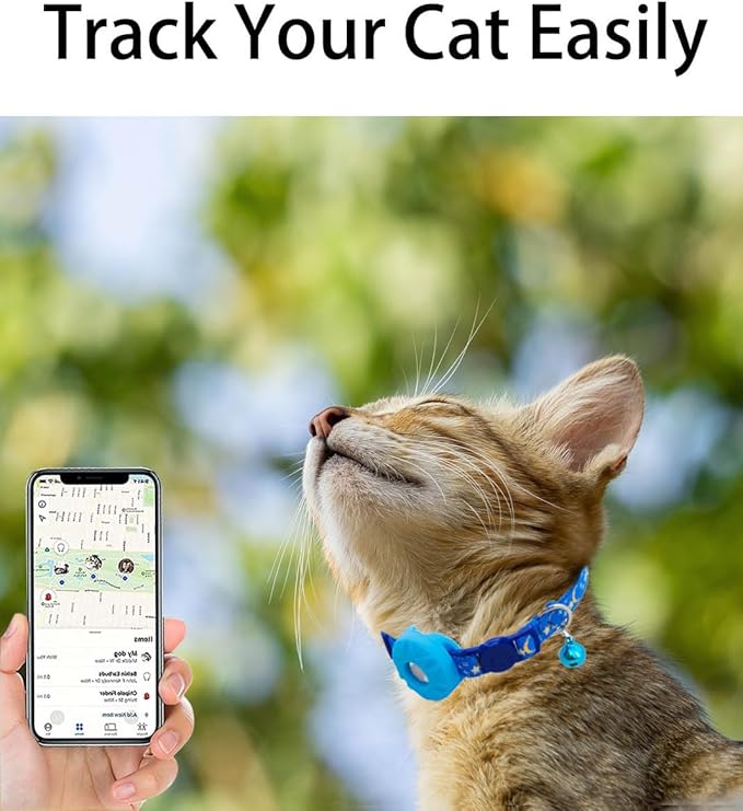 Airtag Cat Collar Breakaway, Safety Kitten Collar with Apple Airtag Holder, GPS Cat Collar with Bell, Lightweigh Tracker Cat Collars for Girl Boy Cats, Kittens and Puppies (Blue Moon)
