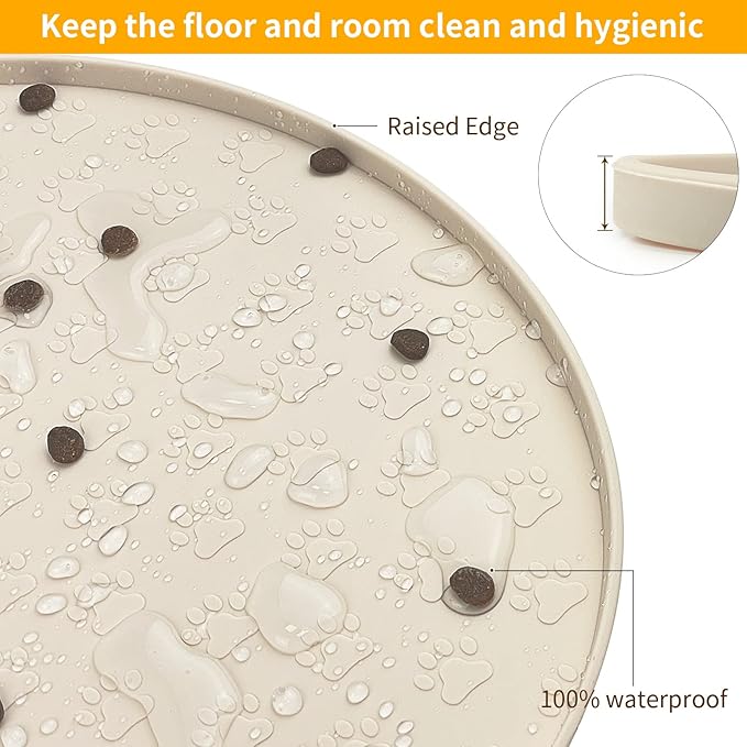 KPWACD Pet Feeding Mat for Dogs and Cats, Silicone Dog Placemat Non-Slip Waterproof Bowl Mats Prevent Food and Water Overflow, High-Lips Puppy Dish Tray Mat Suitable for Large Medium Small Pets, Beige