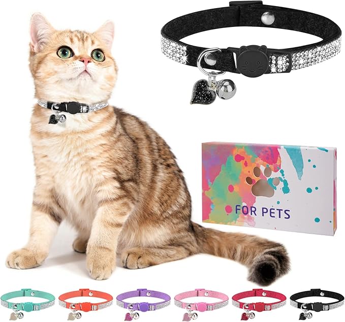 Rhinestone Cat Collar Breakaway with Bell, Diamond Cat Collar with Safety Buckle Quick Release for Girl Boy Small Kitten Pets Puppy,Cute Soft Female Male Cat Collars, Color Black 7-9"