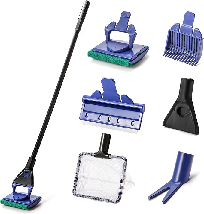 TOPZEA Aquarium Cleaning Tool Kit, 5 in 1 Fish Tank Cleaner Tools Set Including Algae Scraper, Fish Net, Cleaning Sponge, Plant Fork, Gravel Rake, with 19 Inch Long Handle