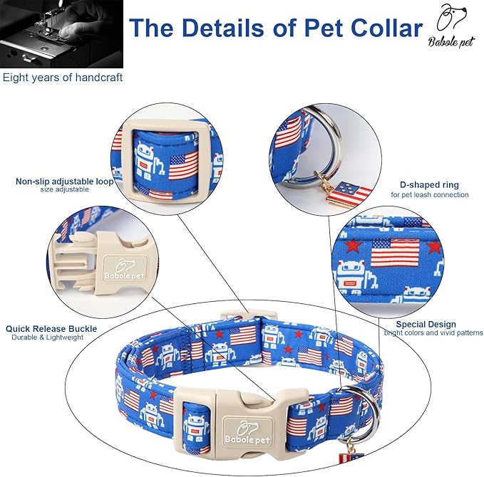 4th of July Dog Collar, Robot Star-Spangled Patriotic Dog Collars for Small Dogs, Adjustable Lightweight Quick-Release Buckle Collar for Boy&Girl Dogs S