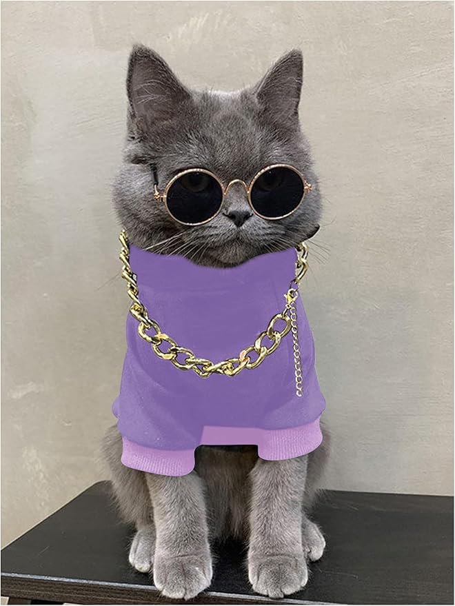 QWINEE 3Pcs Dog Hoodie Cat Apparel Dog Custume Set with Necklace and Sunglasses Pet Clothes for Puppy Small Medium Dogs Cats Mauve Purple X-Large