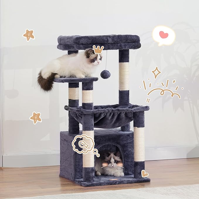 Heybly Cat Tree, Kitten Tower with Large Soft Cat Basket, Cat Condo with Spacious Cat Bed Cave with Hidden Space, Sisal-Covered Scratching Posts, Dangling Ball for Indoor Cats, Smoky Gray HCT008SG