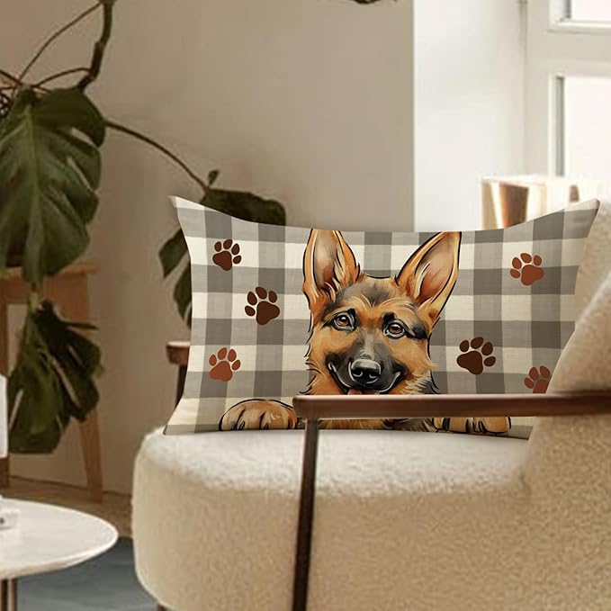 German Shepherd Dog Lumbar Decorative Throw Pillow Cover 12x20, Rectangular Paw Prints Outdoor Home Decor Pet Owner Lover Gift, Farmhouse Buffalo Plaid Sofa Couch Cushion Case Housewarming Gifts