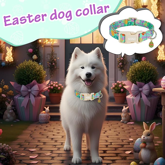 Easter Dog Collar for Small Dogs, Adjustable Green Small Dog Collar with Colorful Eggs Pattern, Cute Easter Dog Collars Girl Boy Collar for Dogs -S