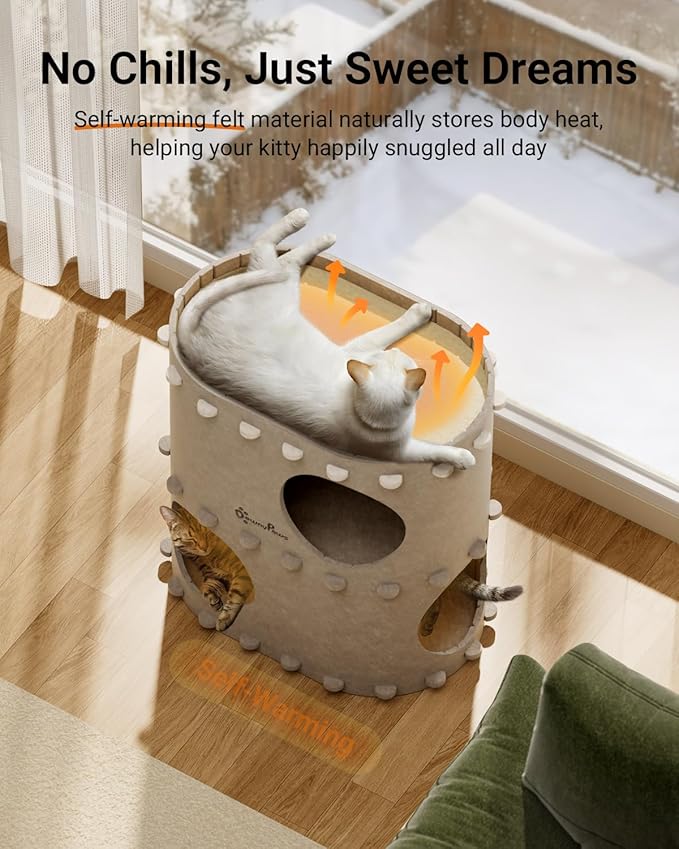 DownyPaws Cat House for Indoor Cats, 2-Storey Foldable Cat Bed Cave, Felt Cats Tunnel Bed Condo, Castle Kitten Cube Hideaway for Multicats, Scratch Resistant, Cream