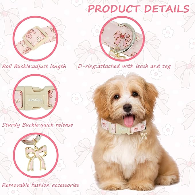 Pink Bow Dog Collar with Flower, Adjustable Cotton Puppy Collar, Cute Girl Boy Dog Collars for Small Medium Large Dogs, Ideal for Gifts,Pet Accessory,S