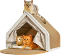 Cat Houses for Indoor Cats - 4 Seasons Cat Bed Cave with Natural Sisal Cat Scratcher Mat, Solid Wood Frame Cat House with Curtains and Cat Floor Scratching Pad Rug, Protect Couch and Carpets, M