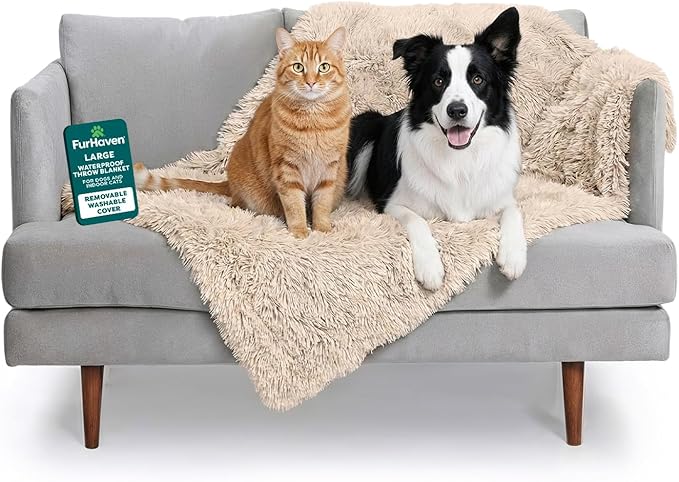 Furhaven Waterproof Throw Blanket for Dogs & Indoor Cats, Washable - Shaggy Plush Calming Long Faux Fur & Velvet Dog Blanket - Taupe, Large