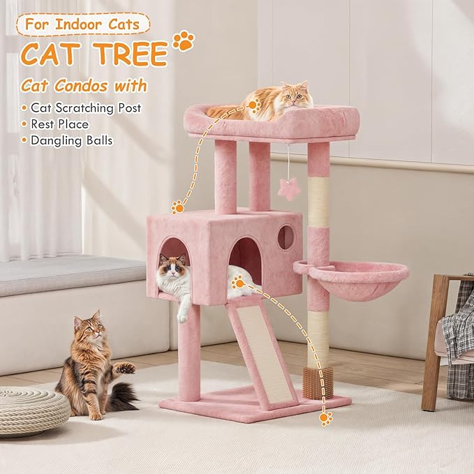 36-Inch Cat Tree for Small Cats, Multi-Level Cat Tower with Scratching Posts, Hammock, Cozy Condo & Scratching Board, Soft Pink Cat Furniture for Indoor Use