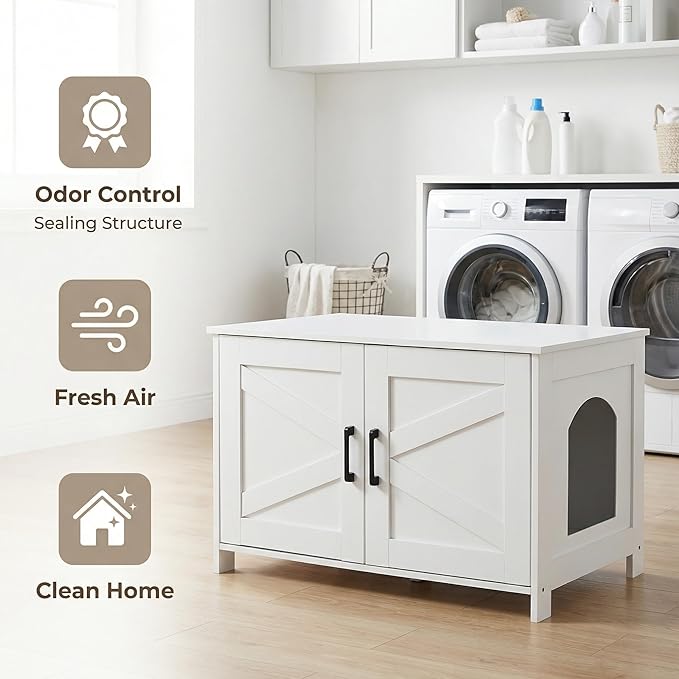 Homhedy Cat Litter Box Enclosure, Wooden Cat Washroom Furniture with Barn Door, Pet House, Fit Most of Litter Box, White