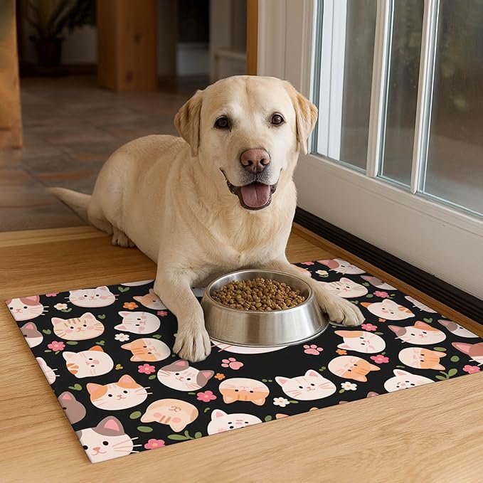 Cat Feeding Mat 24x16 inch Black Kitten Print Pet Bowl Placemat Non Slip Floor Mat for Food and Water Indoor Kitty Feeding Station Cute Meal Pad for Small Pets Kitchen Use