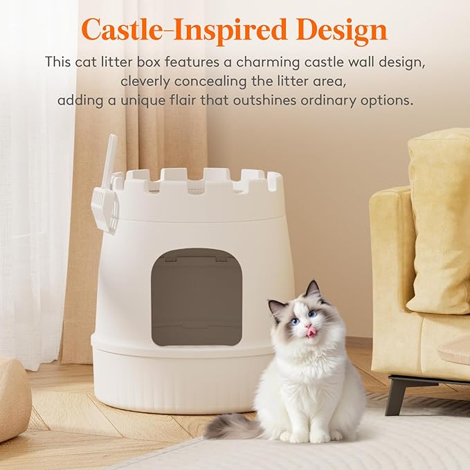 Lifewit Cat Litter Box, Hidden Enclosure Litter Tray with Odor Control & Carbon Filter in Living Room, Bedroom, Corner with Castle Scratching Board& Plastic Scoop, 48 x 54 cm/19x20, White