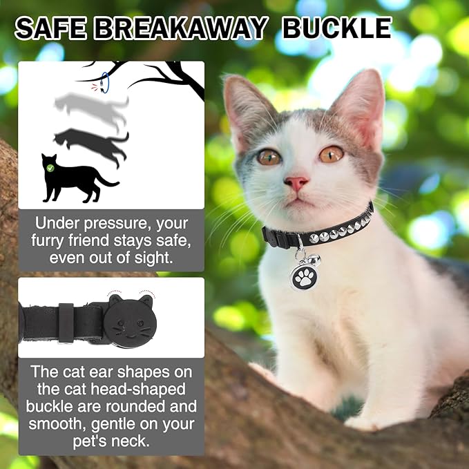 Leather Personalized Breakaway Cat Collar with Studded Bell and Safety Quick Release Buckle - Rivets Studded ID DIY Collars for Boy Girl Cats Kittens, 9" - 11.5" Black