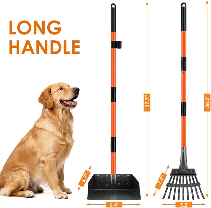 Pooper Scooper, Long Handle Dog Pooper Scooper for Medium Small Dogs Heavy Duty, Pet Supplies Stainless Metal Tray and Rake Set, Use on Grass, Dirt or Gravel