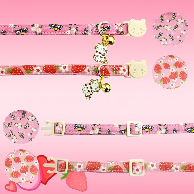 Elegant little tail 2 Pack Cat Collar-Pink Print Cotton Breakaway Cat Collars with Bell Pendant Kitten Boy Girl Safety Adjustable Collar for Small Cats Puppy