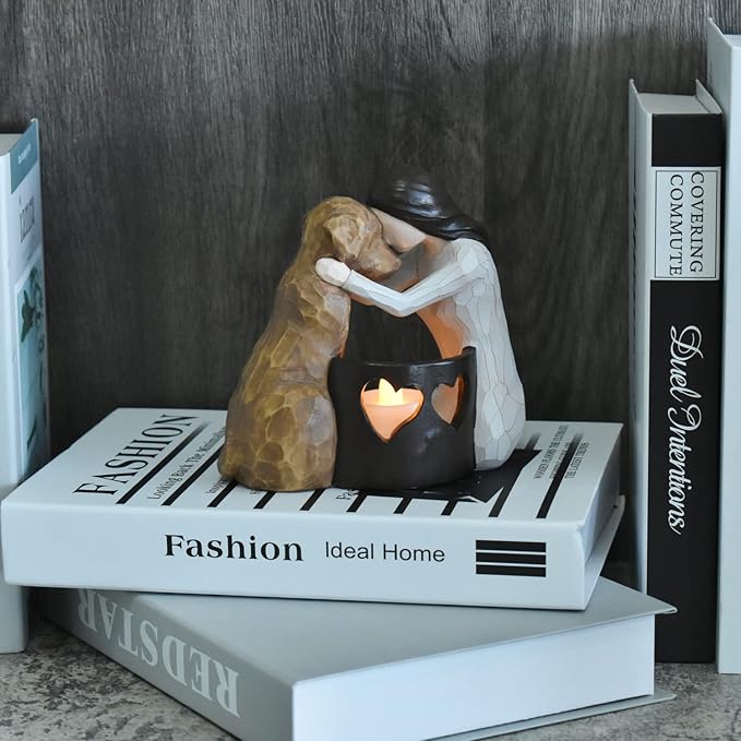 Dog Memorial Gifts，Pet Loss Gifts，Hand-Sculpted Dogs Passing Away Sympathy Gift，Remembrance Gift ，Dog Lovers Candle Holder Statue with LED Candle