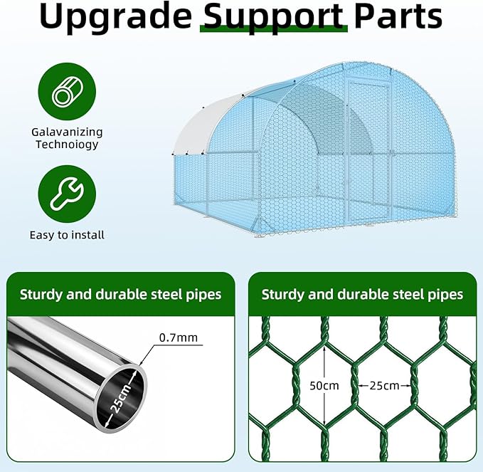Large Metal Chicken Coop, Walk-in Chicken Run with Reinforced Wire Mesh and Anti-UV Cover, Dome Roofed Poultry Cage for Hens, Ducks and Rabbits, Outdoor Backyard Farm Pen, 9.5'W x 12.9'L x 6.3'H