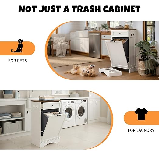 Tilt Out Trash Can Cabinet with Dog Bowl, 13 Gallons Dog Food Storage Cabinet, Hidden Trash Can Cabinet with Hideaway Drawer for Kitchen, Living Room (White, Single Door)