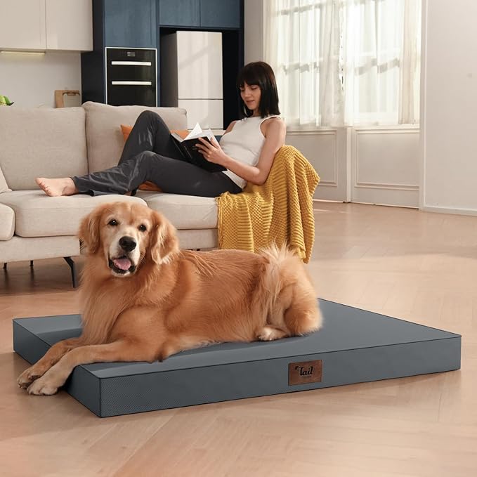 Outdoor Large Washable Dog Bed, Orthopedic Egg Crate Foam Dog Crate Mat for Large Dogs with Removable Oxford Cooling Cover, Grey