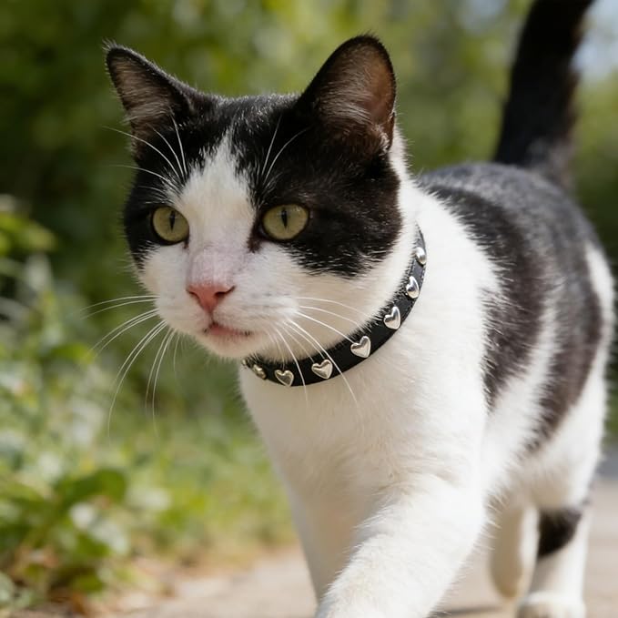 EXPAWLORER Leather Cat Collar for Girl Boy- Adjustable Pet Collar with Safety Elastic Belt,Personalized Heart Accessories Buckle Collars with Bell & Durable D-Ring,Heart (Black)