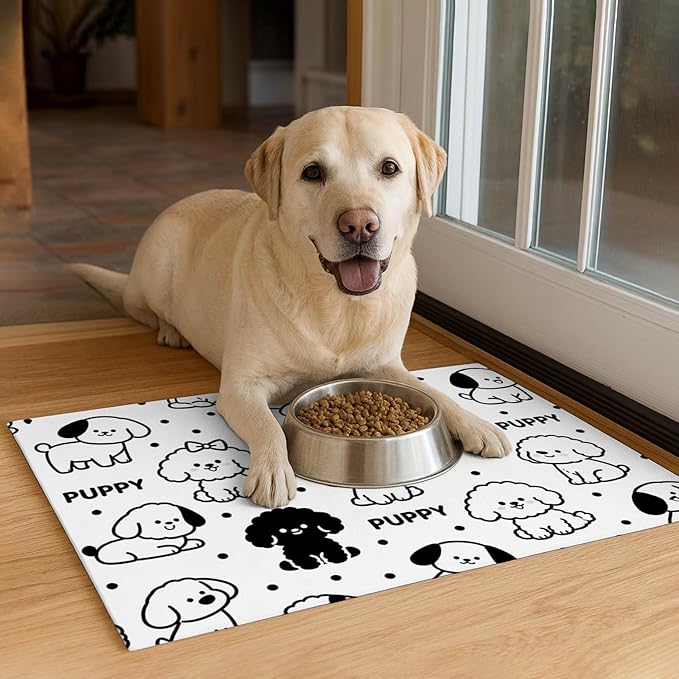 Puppy Pattern Pet Feeding Mat 24x16 Inch Cute Pet Feeding Area Mat Pet Food Mat Pet Mats for Food and Water Dog Mat for Food and Water Indoor Feeding Corner Kitchen Floor Decor