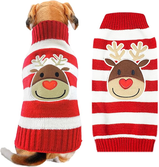 Dog Christmas Sweater Cute Striped Reindeer Xmas Pet Clothes Holiday Puppy Cat Costume New Year Gifts for Small Medium Large Dogs Jumpers (XXL, Red White Stripe Reindeer)