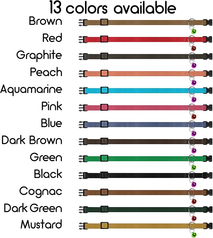 Muromto Breakaway Cat Collar Leather Soft Adjustable Pet Kitten Collars with Bell Pink Brown Blue Green Red (Cognac)